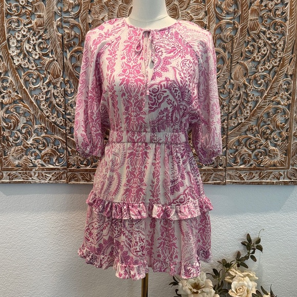Zara Romantic Flirty Pink & White Paisley Layered Linen Mini Dress- size XS - Picture 2 of 16